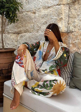 Floral Print Long Sleeve Shirt And Pants Set: CREAMY / M