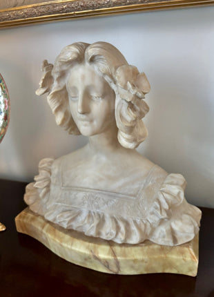 Art Noveau Alabaster Bust: Girl with Flowers in Her Hair
