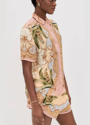 Casual Linen Shirt Shorts Set For Women: Color / M