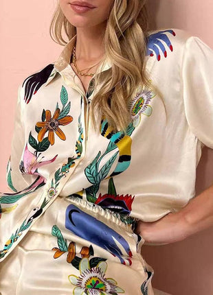 Half Sleeves Loose Buttoned Flower Print Pockets Lapel T-Shirt Top + Drawstring Elasticity Pants Bottom Two Pieces Set: APRICOT / M / Suits