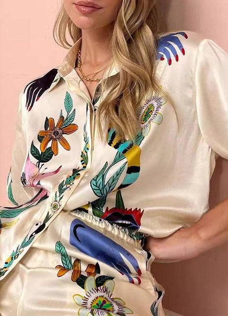 Half Sleeves Loose Buttoned Flower Print Pockets Lapel T-Shirt Top + Drawstring Elasticity Pants Bottom Two Pieces Set: APRICOT / M / Suits