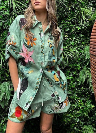Relaxed Fit Printed Short Sleeve Shirt And Shorts Set: GREEN / M