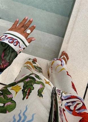 Floral Print Long Sleeve Shirt And Pants Set: CREAMY / M