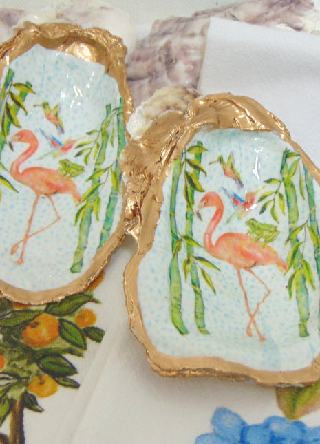 Designer Oyster Shell Jewelry Bowl in Flamingo Party