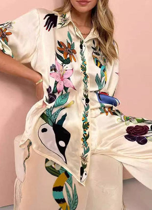 Half Sleeves Loose Buttoned Flower Print Pockets Lapel T-Shirt Top + Drawstring Elasticity Pants Bottom Two Pieces Set: APRICOT / M / Suits