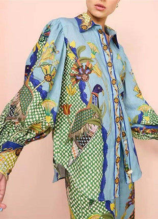 Fashionable Printed Long Sleeve Top And Long Pants Set: BLUE / M