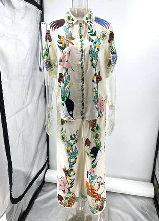 Half Sleeves Loose Buttoned Flower Print Pockets Lapel T-Shirt Top + Drawstring Elasticity Pants Bottom Two Pieces Set: APRICOT / M / Suits