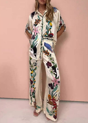 Half Sleeves Loose Buttoned Flower Print Pockets Lapel T-Shirt Top + Drawstring Elasticity Pants Bottom Two Pieces Set: APRICOT / M / Suits