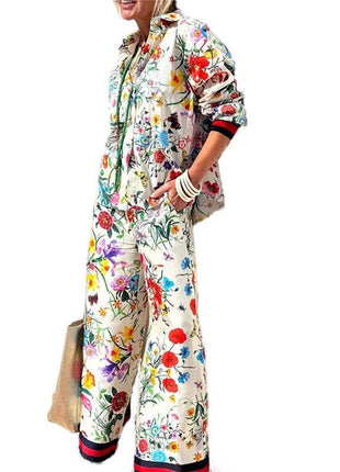 Leisure Floral Print Long Pants Shirt Set: PRINTING / M