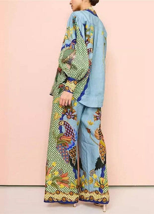 Fashionable Printed Long Sleeve Top And Long Pants Set: BLUE / M