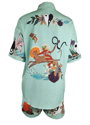 Relaxed Fit Printed Short Sleeve Shirt And Shorts Set: GREEN / M