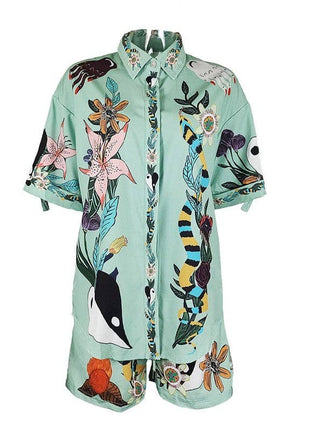 Relaxed Fit Printed Short Sleeve Shirt And Shorts Set: GREEN / M