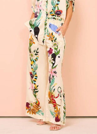 Half Sleeves Loose Buttoned Flower Print Pockets Lapel T-Shirt Top + Drawstring Elasticity Pants Bottom Two Pieces Set: APRICOT / M / Suits