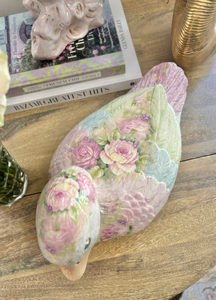 Vintage Pastel Floral Porcelain Duck