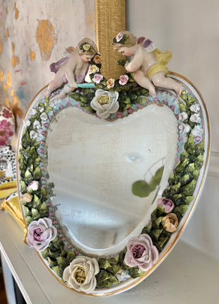 German Porcelain Heart & Cherub Mirror