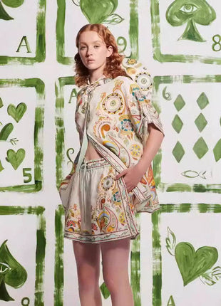2024 Fashion Linen Shorts Set With Doodle Print: Color / M