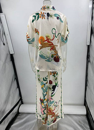 Half Sleeves Loose Buttoned Flower Print Pockets Lapel T-Shirt Top + Drawstring Elasticity Pants Bottom Two Pieces Set: APRICOT / M / Suits