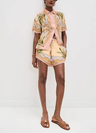 Casual Linen Shirt Shorts Set For Women: Color / M