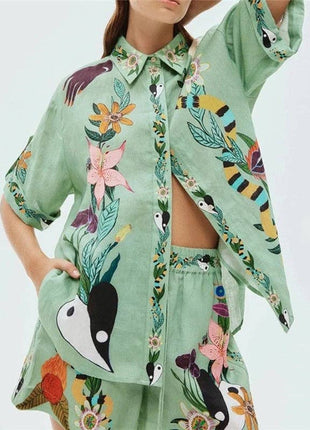 Relaxed Fit Printed Short Sleeve Shirt And Shorts Set: GREEN / M