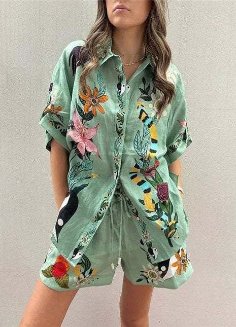 Relaxed Fit Printed Short Sleeve Shirt And Shorts Set: GREEN / M