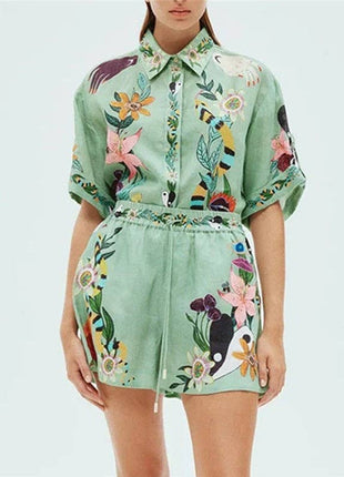 Relaxed Fit Printed Short Sleeve Shirt And Shorts Set: GREEN / M