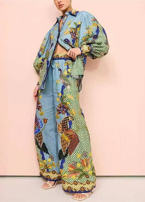 Fashionable Printed Long Sleeve Top And Long Pants Set: BLUE / M