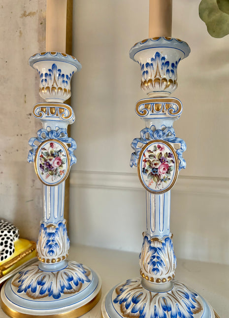 Antique French Faience Candlestick Lamps