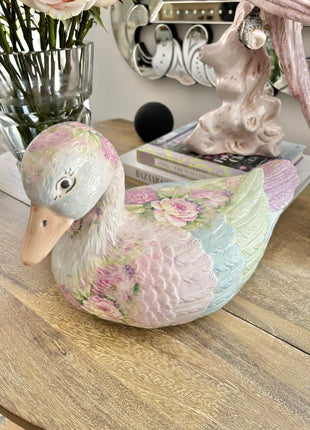 Vintage Pastel Floral Porcelain Duck
