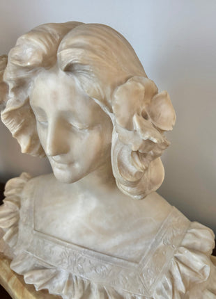 Art Noveau Alabaster Bust: Girl with Flowers in Her Hair