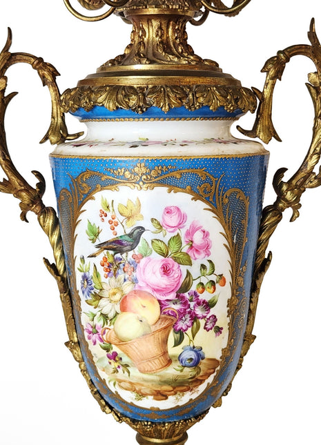 Sevres Style Birds & Flowers Candelabra Urn
