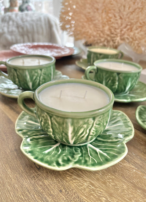 Vintage Green Cabbage Teacup & Saucer Candle