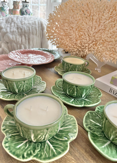 Vintage Green Cabbage Teacup & Saucer Candle