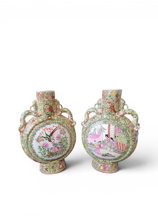 Vintage Rose Medallion Moon Flask Pair