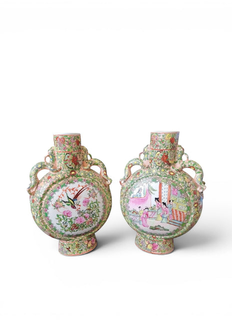 Vintage Rose Medallion Moon Flask Pair
