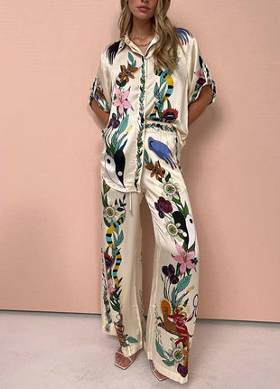 Half Sleeves Loose Buttoned Flower Print Pockets Lapel T-Shirt Top + Drawstring Elasticity Pants Bottom Two Pieces Set: APRICOT / M / Suits