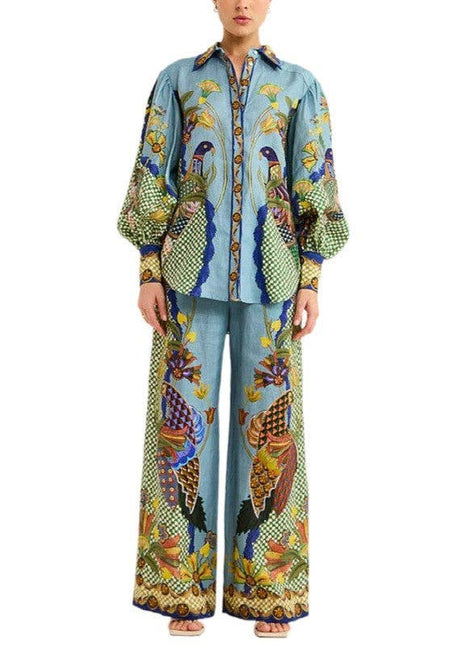 Fashionable Printed Long Sleeve Top And Long Pants Set: BLUE / M