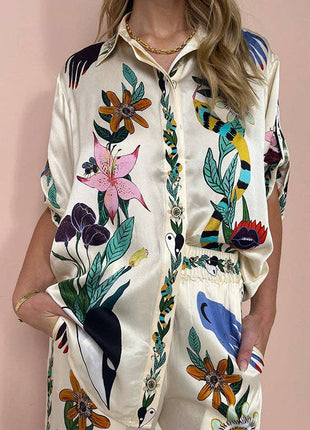 Half Sleeves Loose Buttoned Flower Print Pockets Lapel T-Shirt Top + Drawstring Elasticity Pants Bottom Two Pieces Set: APRICOT / M / Suits