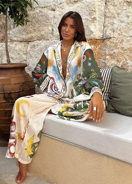 Floral Print Long Sleeve Shirt And Pants Set: CREAMY / M
