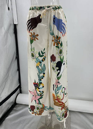 Half Sleeves Loose Buttoned Flower Print Pockets Lapel T-Shirt Top + Drawstring Elasticity Pants Bottom Two Pieces Set: APRICOT / M / Suits