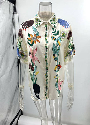 Half Sleeves Loose Buttoned Flower Print Pockets Lapel T-Shirt Top + Drawstring Elasticity Pants Bottom Two Pieces Set: APRICOT / M / Suits