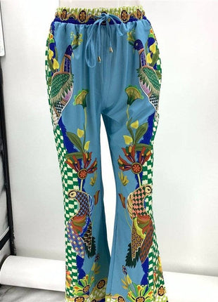 Fashionable Printed Long Sleeve Top And Long Pants Set: BLUE / M