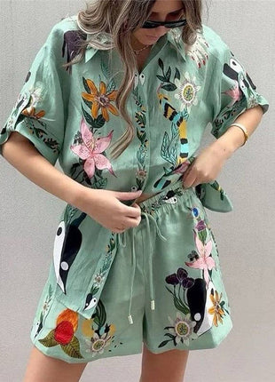 Relaxed Fit Printed Short Sleeve Shirt And Shorts Set: GREEN / M