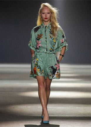 Relaxed Fit Printed Short Sleeve Shirt And Shorts Set: GREEN / M