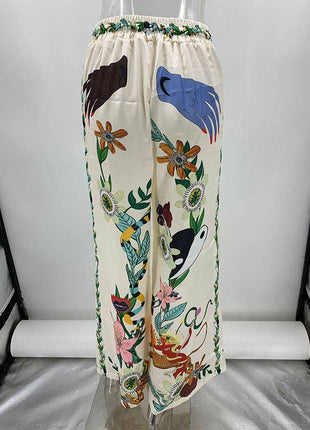 Half Sleeves Loose Buttoned Flower Print Pockets Lapel T-Shirt Top + Drawstring Elasticity Pants Bottom Two Pieces Set: APRICOT / M / Suits