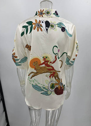 Half Sleeves Loose Buttoned Flower Print Pockets Lapel T-Shirt Top + Drawstring Elasticity Pants Bottom Two Pieces Set: APRICOT / M / Suits