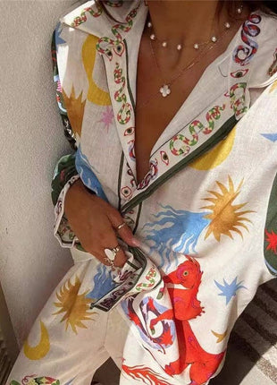 Floral Print Long Sleeve Shirt And Pants Set: CREAMY / M