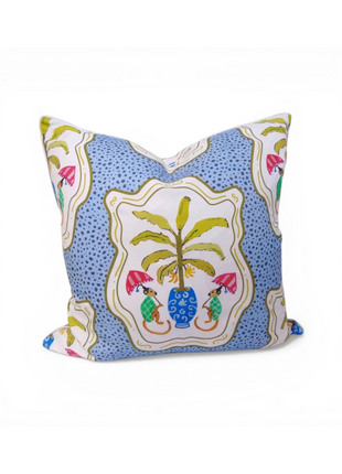 Monkey and Banana Leaf Blue Pillow Cover