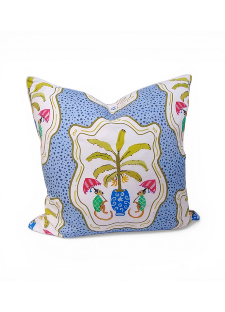 Monkey and Banana Leaf Blue Pillow Cover