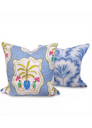 Monkey and Banana Leaf Blue Pillow Cover