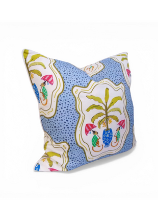 Monkey and Banana Leaf Blue Pillow Cover